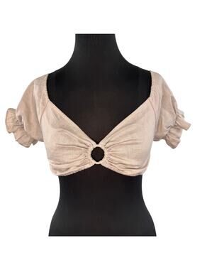 MONDAY Beige Crop Top Linen O-Ring Sweetheart Smocked Puff Sleeve Size Small S